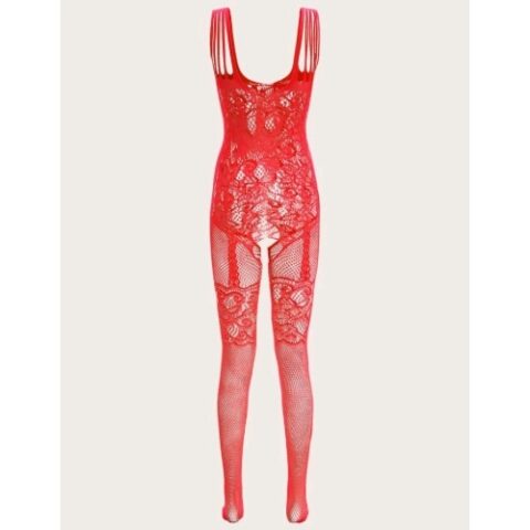 Classic Fishnet Crotch Less Body Stocking (Red)