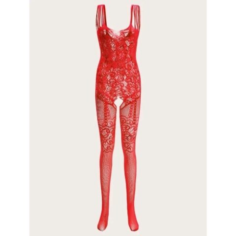 Classic Fishnet Crotch Less Body Stocking (Red) - Back