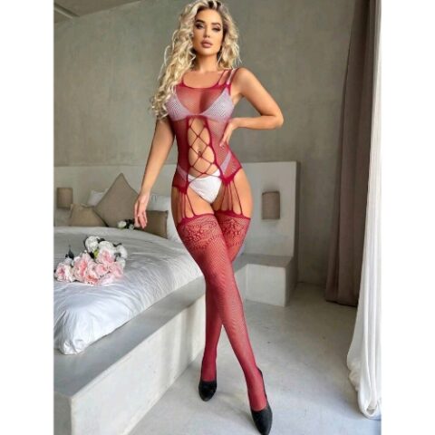 Crotch Less Cut Out Detailed Fishnet Body Stocking (Burgundy)