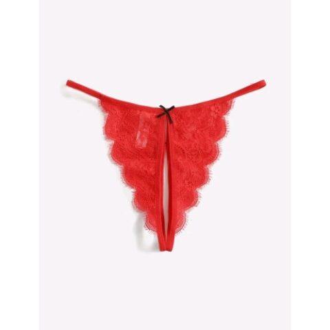 Crotch Less Front Slit Floral Lace Thong (Red)