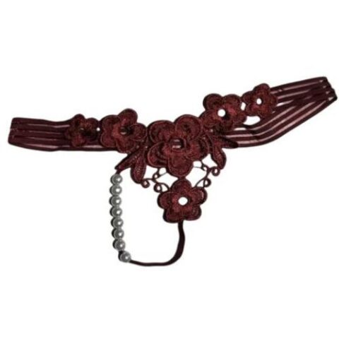 Elastic Waist Band Floral Embroidery and Adjustable Beads Thong (Burgundy)