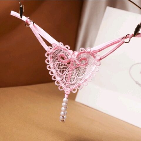 Embroidered Heart Thong with Pearl Detail (Pink)