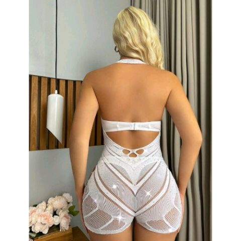 Fishnet Rhinestone Detail Body Stocking Jumpsuit with Cut Out Front and Sides (White) - Back