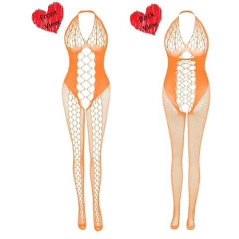 Halter Neck Cut Out Crisscross Inlay Body Stocking (Orange)