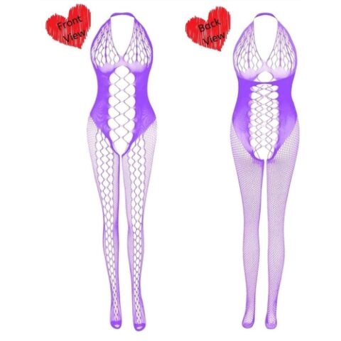 Halter Neck Cut Out Crisscross Inlay Body Stocking (Purple)