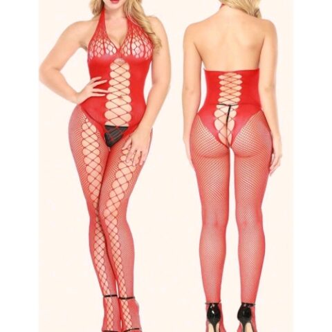 Halter Neck Cut Out Crisscross Inlay Body Stocking Red Front and Back