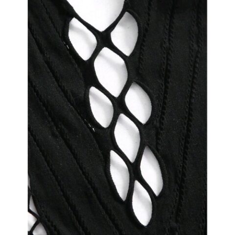 Halter Neck Diagonal Striped Cut Out Body Stocking Dress (Black) - Cut Out Front Close Up