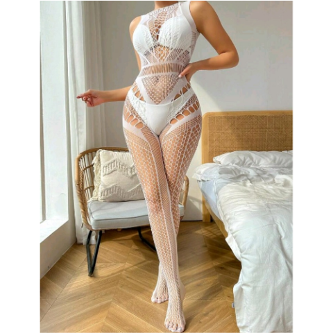 Hollow Out Detailed Fishnet and Mesh Crotch Less Body Stocking White