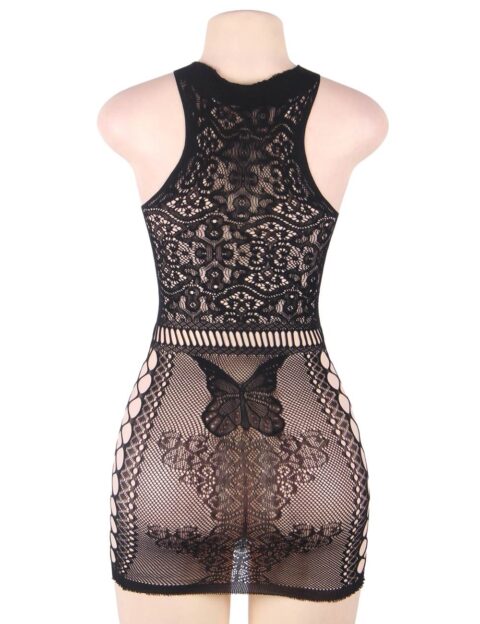 Crotchet Mesh Hollow-Out Mini Chemise Dress with Gloves (Black) - No Model Back