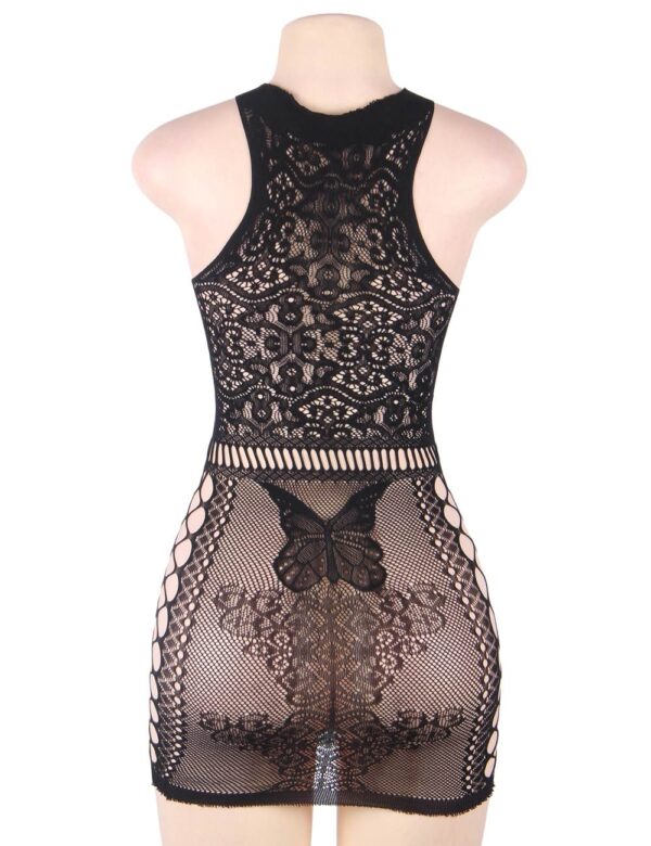 Crotchet Mesh Hollow Out Mini Chemise Dress with Gloves Black No Model Back