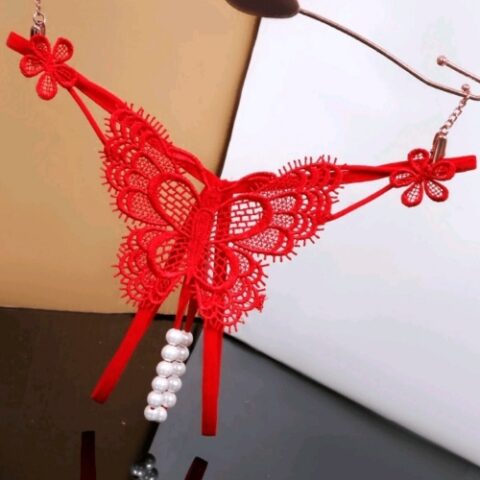 Lace Embroidered G String with Pearls Red Front