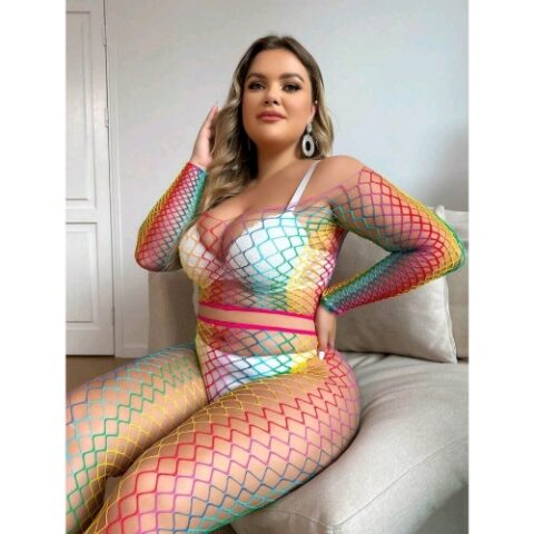 Plus Size Crotch Less Fishnet 2 Piece Body Stocking Multi Color Side Sitting 1