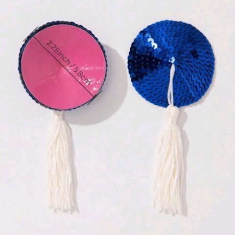 Round Sequin Detail Nipple Pasties with Tassels (Blue and White) - Measurements