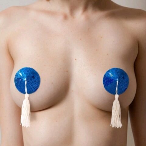 Round Sequin Detail Nipple Pasties with Tassels (Blue and White) - On Model