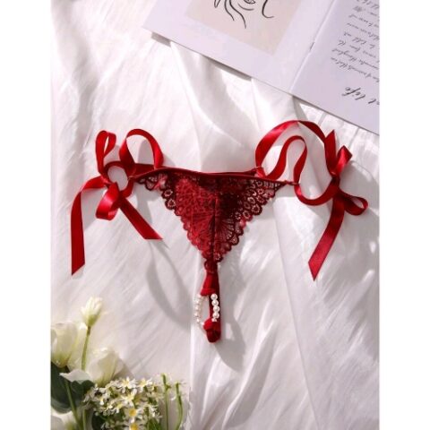 Triangular Floral Lace with Pearl Detail and Side Tie Up Bottom (Burgundy)