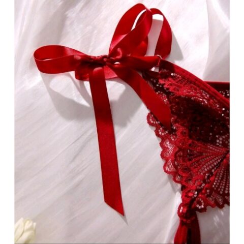 Triangular Floral Lace with Pearl Detail and Side Tie Up Bottom (Burgundy) - Tie Up Side Close Up